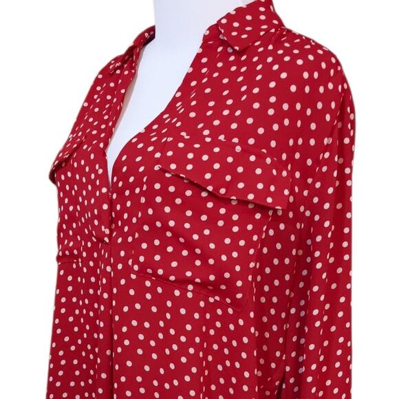 ANN‎ TAYLOR Classic Dressy Career Blouse Top Large Pockets Red Beige Polka Dots - Picture 7 of 9